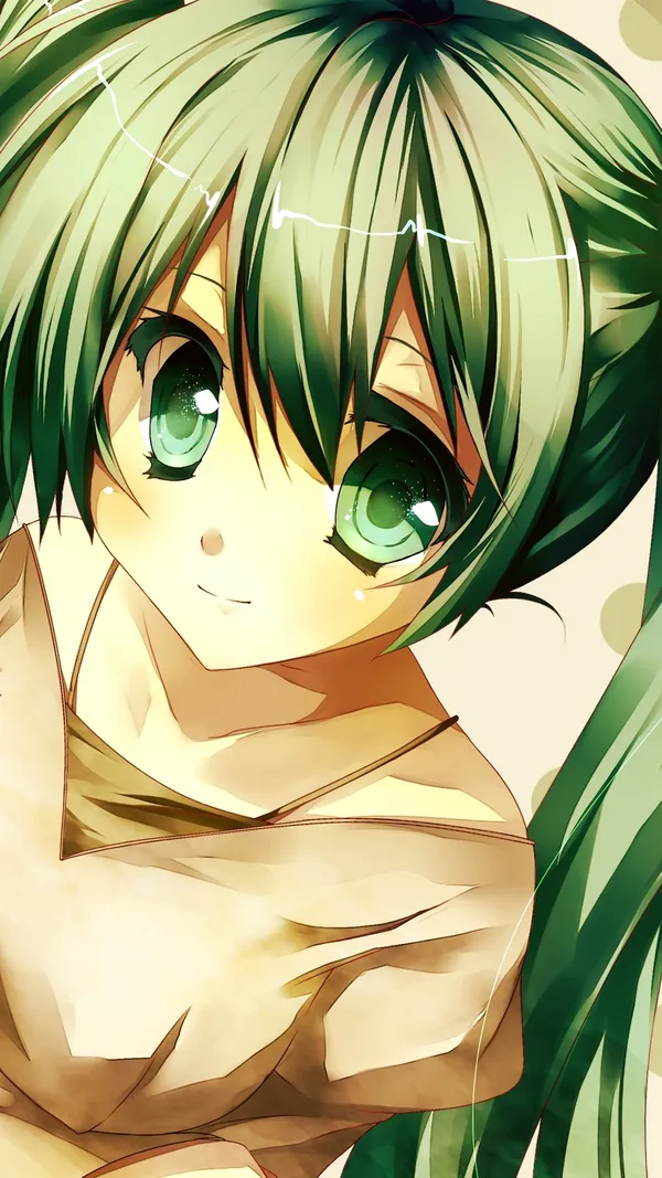 Anime-style girl with green hair and green eyes is smiling