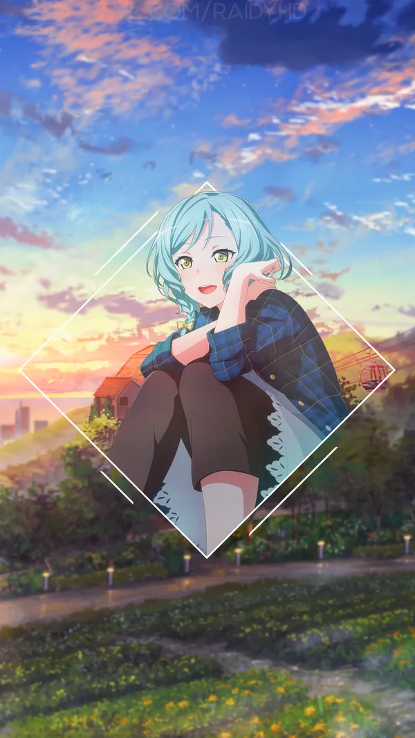 Anime-style girl with green hair and yellow eyes is sitting on a rooftop, with a