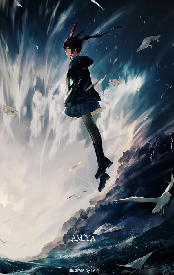 Anime-style girl with long brown hair and black eyes is floating above a stormy sea
