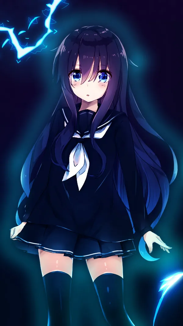Anime-style girl with long dark hair and blue eyes wearing a dark colored school uniform