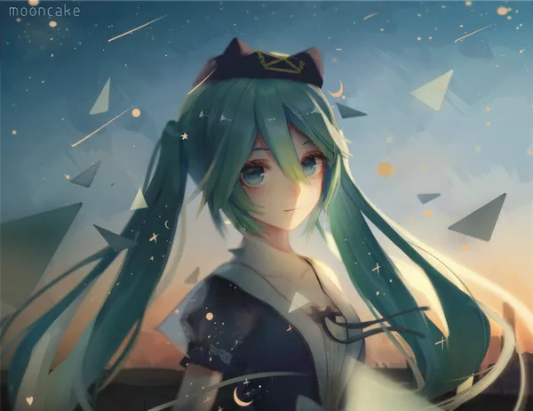 Anime-style girl with long green hair and blue eyes