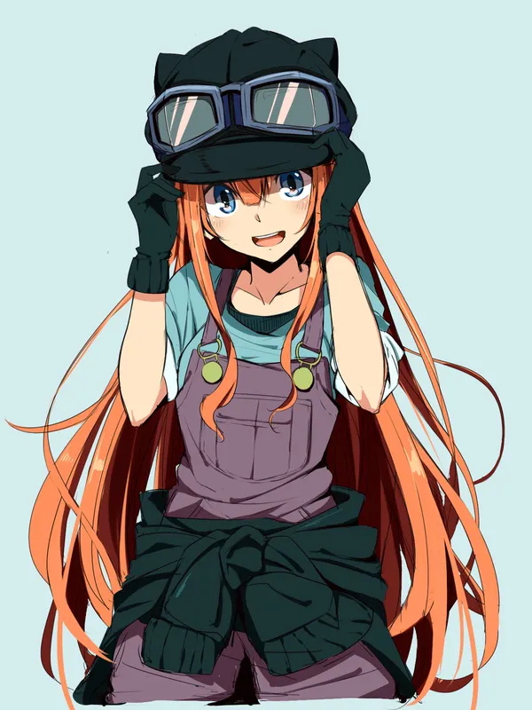 Anime-style girl with long orange hair and blue eyes wearing a hat and gloves