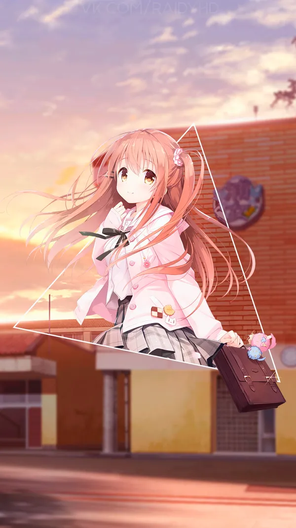 Anime-style girl with long orange hair and pink eyes is shown from the waist up