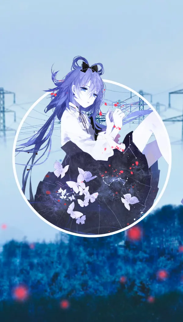Anime-style girl with long purple hair and blue eyes is shown with a dark dress