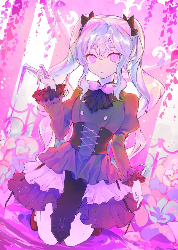 Anime style girl with long white hair and pink eyes, wearing a purple and black