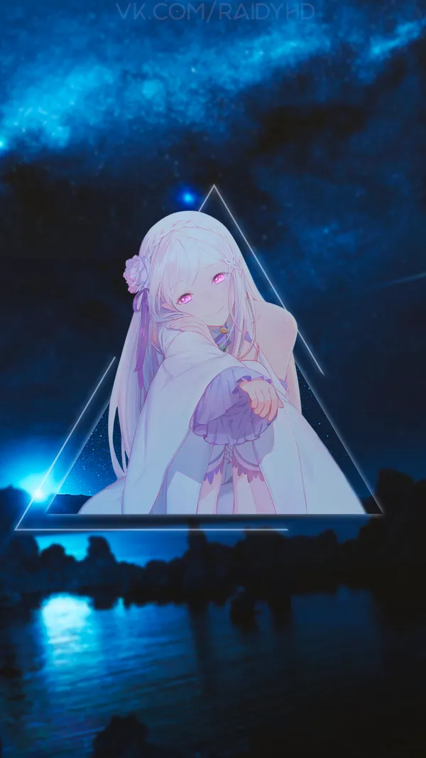 Anime-style girl with long white hair and purple eyes is sitting on a rock in
