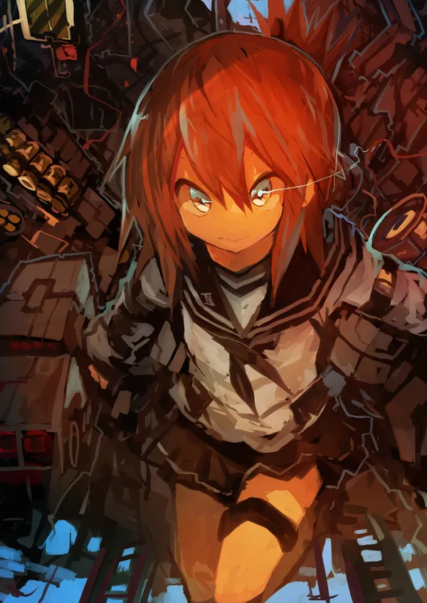 Anime-style girl with orange hair and blue eyes is standing in a dark place
