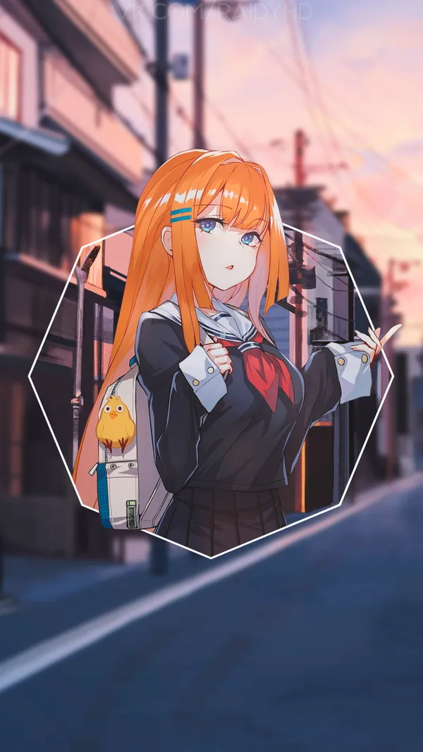 Anime-style girl with orange hair and blue eyes, wearing a school uniform, and a yellow