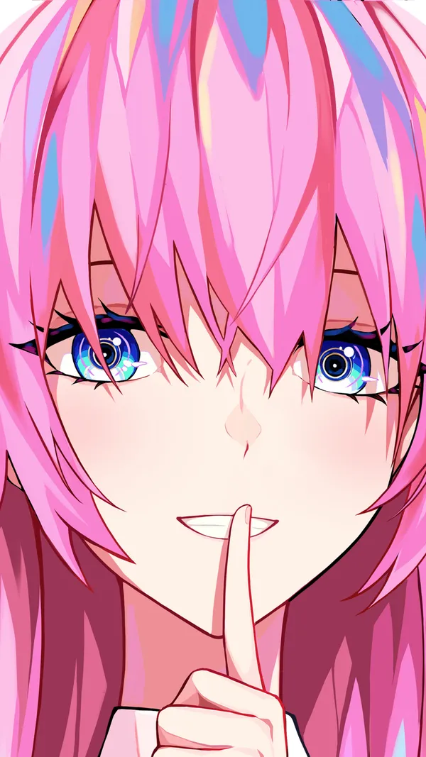 Anime-style girl with pink hair and blue eyes shushing the viewer