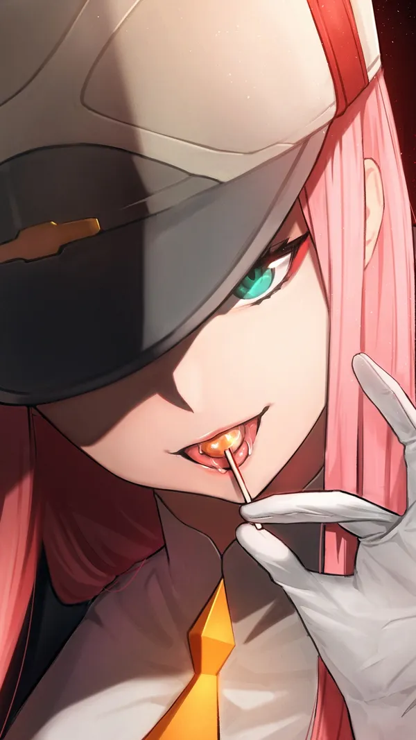 Anime style girl with pink hair and green eyes is shown licking a lollipop