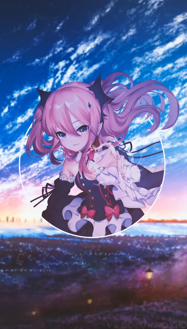 Anime-style girl with pink hair and purple eyes