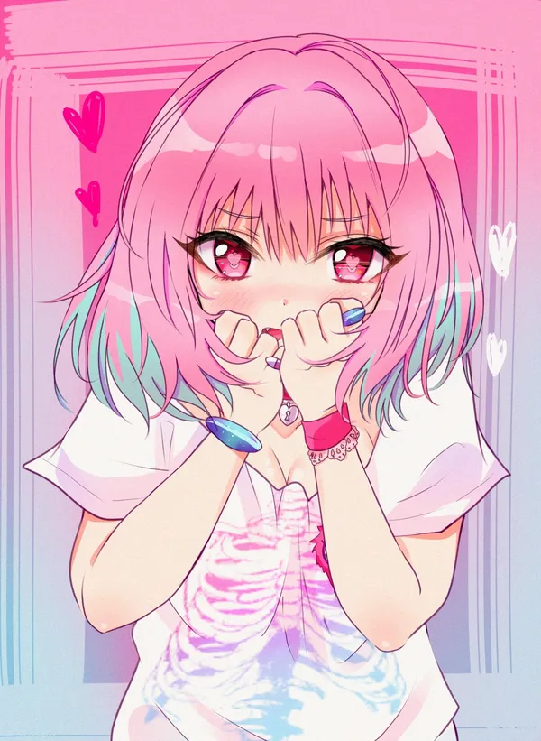 Anime-style girl with pink hair and red eyes, wearing a white shirt with a pink