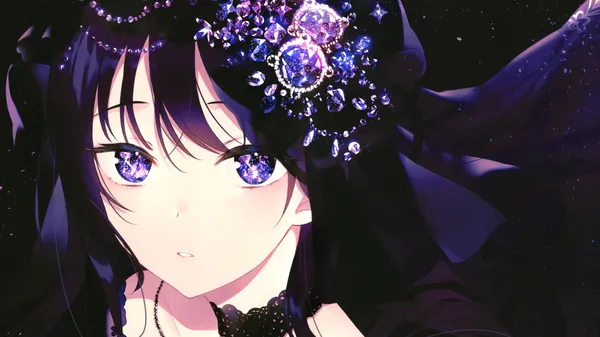 Anime-style girl with purple eyes and a black and purple dress
