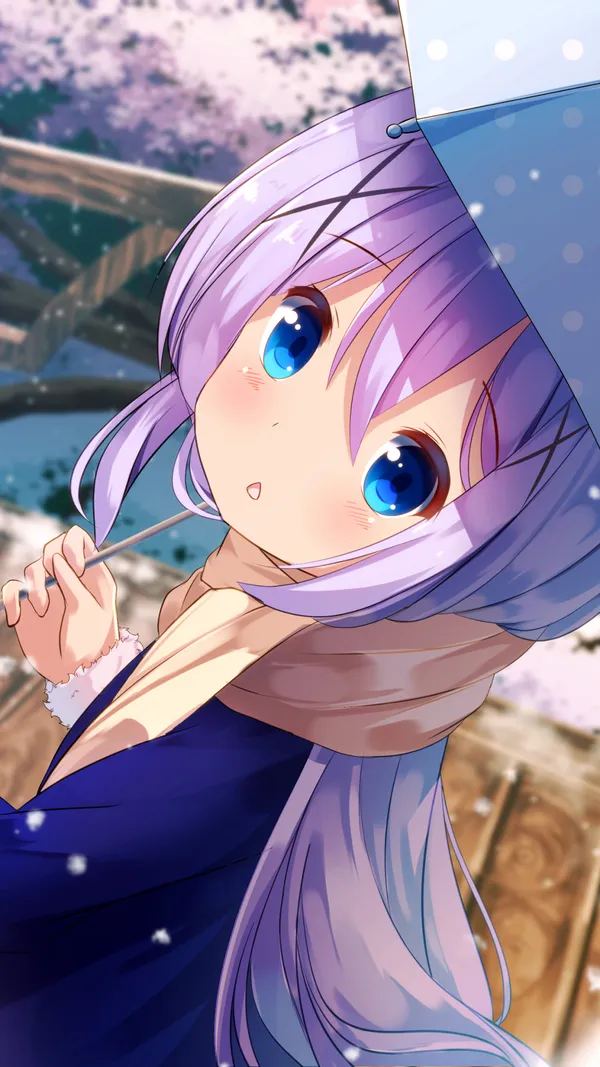 Anime-style girl with purple hair and blue eyes is holding a blue umbrella