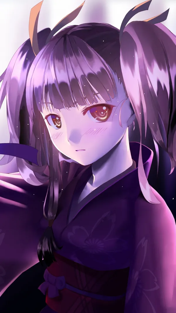 Anime-style girl with purple hair and eyes wearing a purple kimono