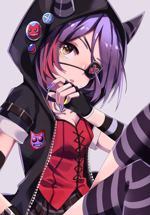 Anime-style girl with purple hair and yellow eyes wearing a black and red hoodie