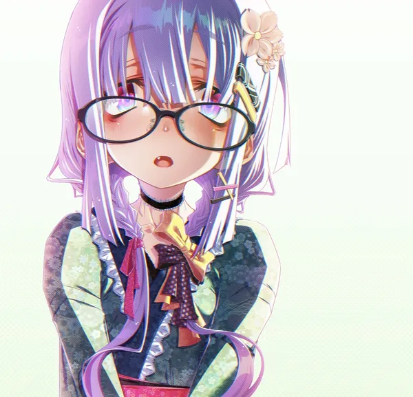 Anime-style girl with purple hair wearing glasses and a kimono