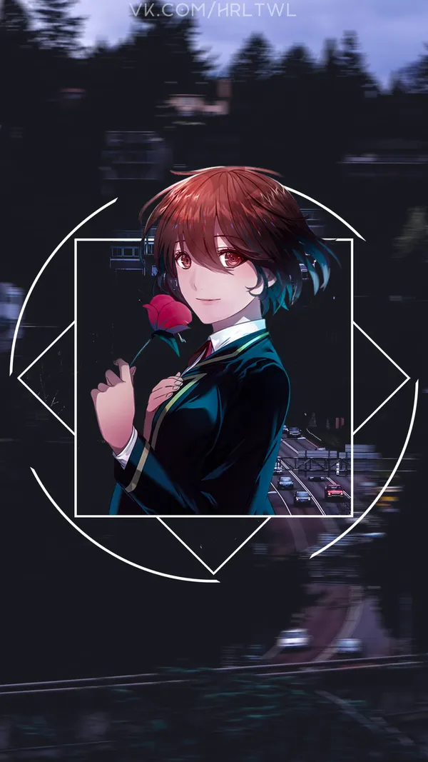 Anime-style girl with red eyes and brown hair holding a rose