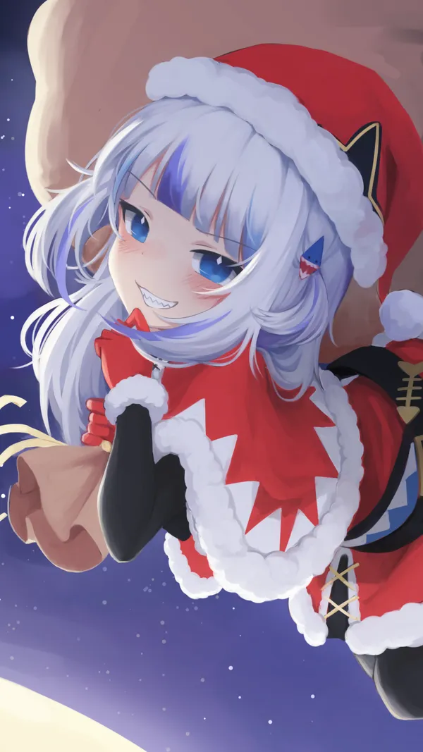 Anime-style girl with shark-like features is dressed in a Santa outfit