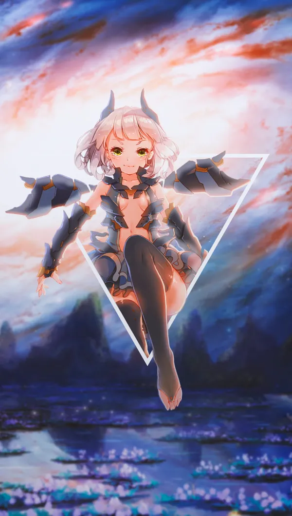 Anime-style girl with white hair and green eyes in a blue and gray outfit is