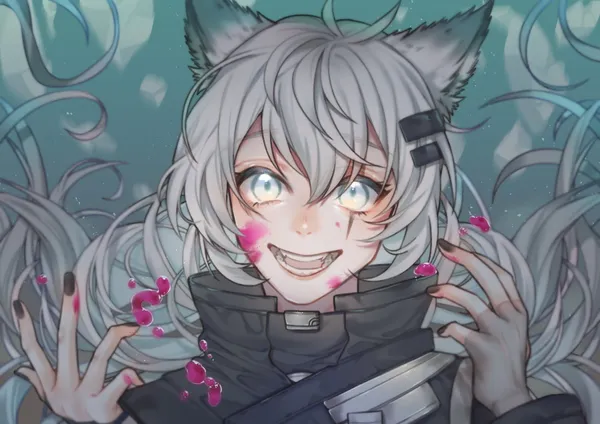 Anime-style illustration of a catgirl with blood on her face and hands
