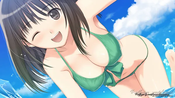 Anime-style illustration of a girl in a bikini top smiling at the viewer