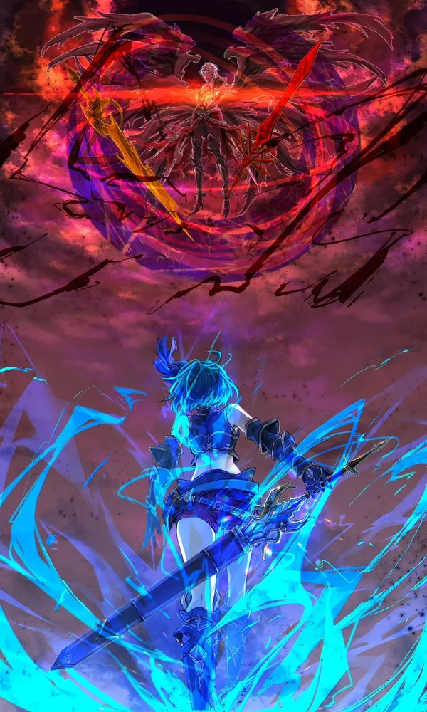 Anime-style illustration of a girl with a sword facing off against a man with a