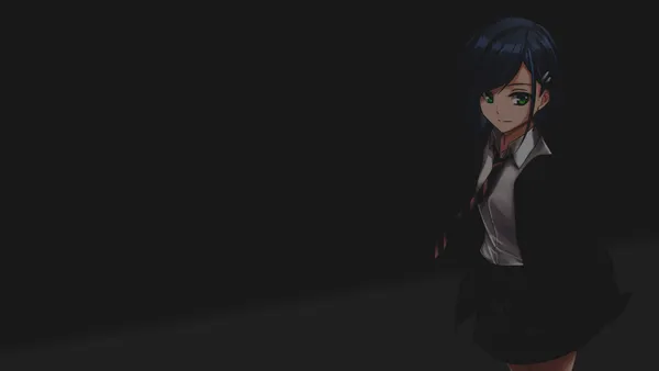 Anime-style illustration of a girl with blue hair and green eyes