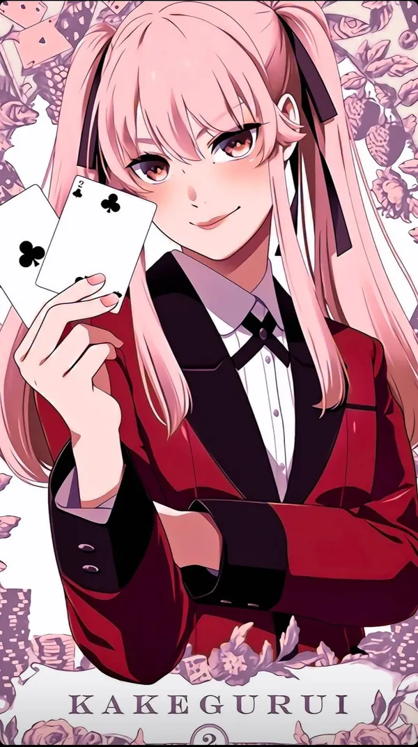 Anime-style illustration of a girl with pink hair and black eyes in a red suit