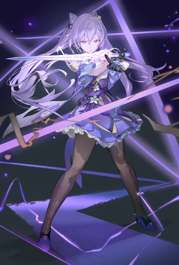 Anime-style illustration of a girl with purple hair and a sword