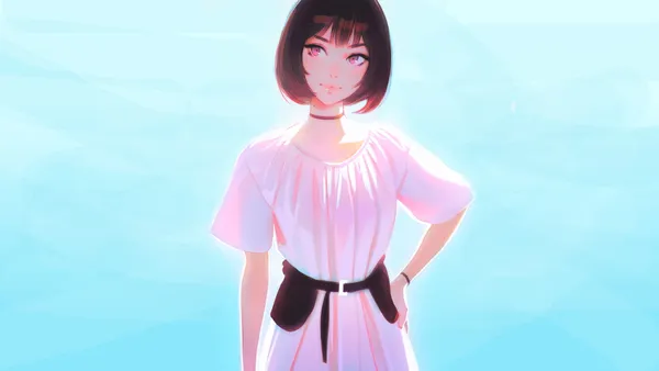 Anime-style illustration of a girl with short black hair and pink eyes, wearing a white