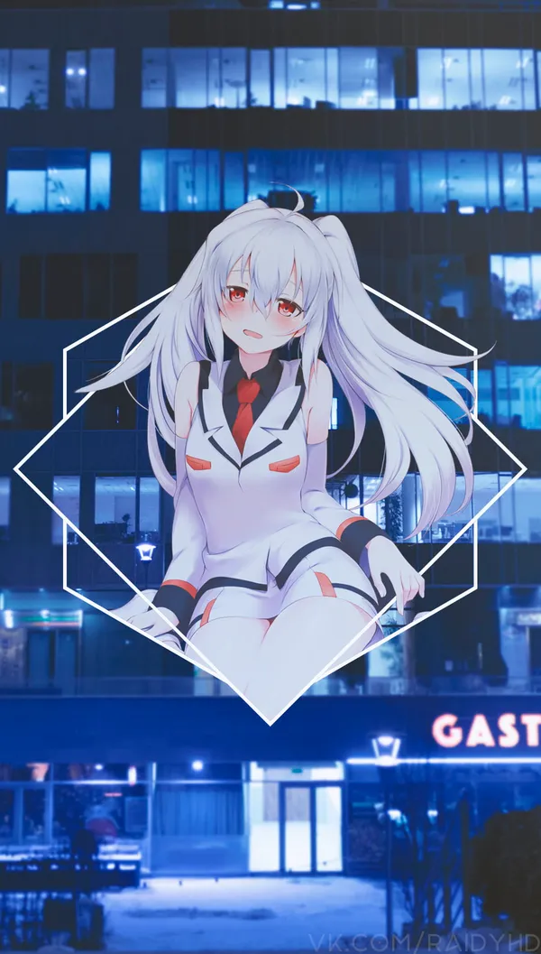 Anime-style illustration of a girl with white hair and red eyes