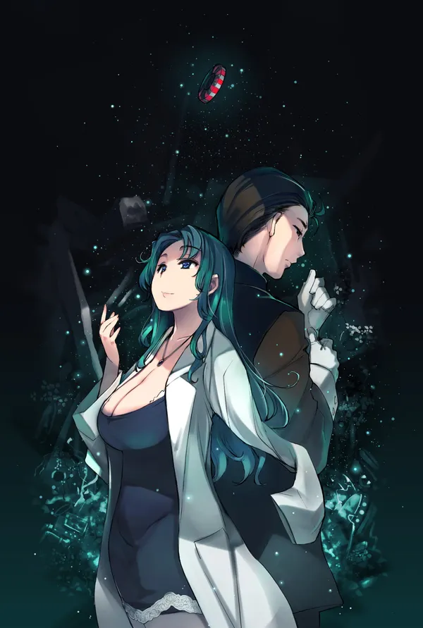 Anime-style illustration of a man and a woman standing back-to-back