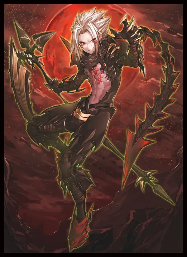 Anime style illustration of a man with white hair and red eyes, he is wearing