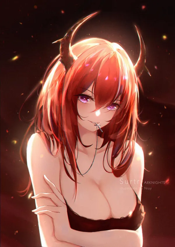 Anime-style illustration of a red-haired woman with horns