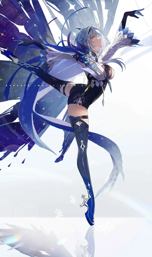 Anime-style illustration of a woman in a blue and white outfit dancing