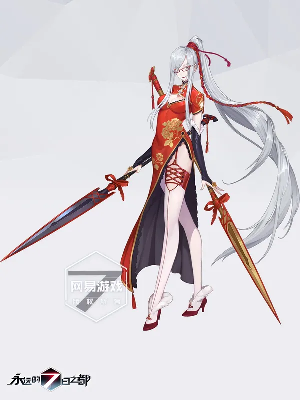 Anime-style illustration of a woman in a red dress holding two swords