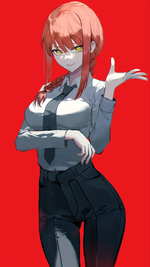 Anime-style illustration of a woman in a white dress shirt and black pants