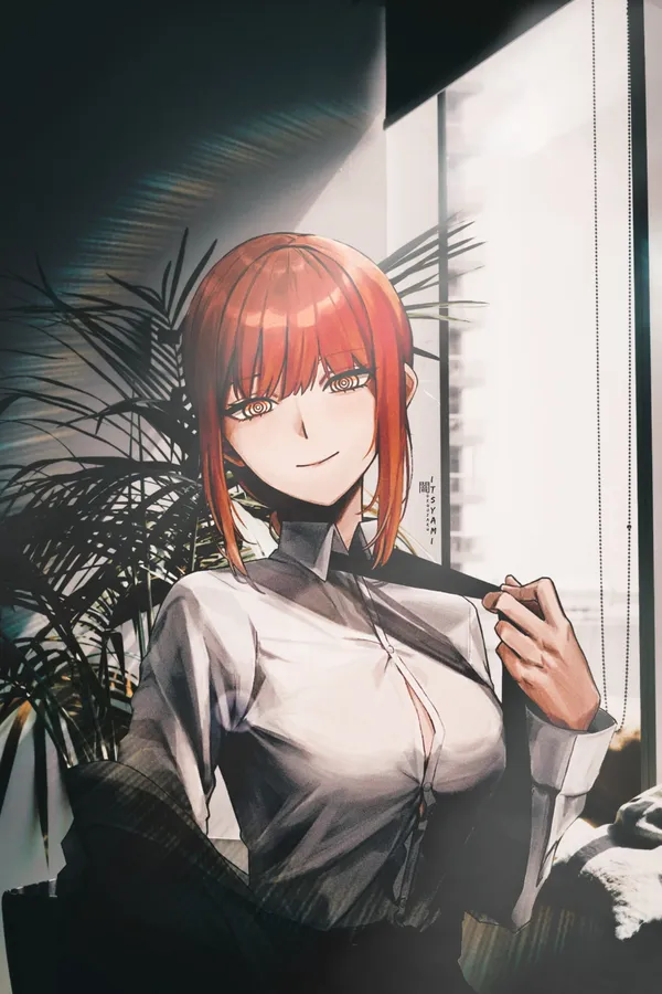Anime-style illustration of a woman in a white shirt and black suit jacket