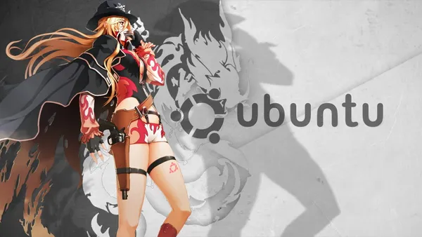 Anime-style illustration of a woman with a gun and an Ubuntu logo
