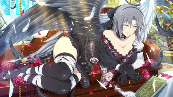 Anime-style illustration of a woman with angel wings