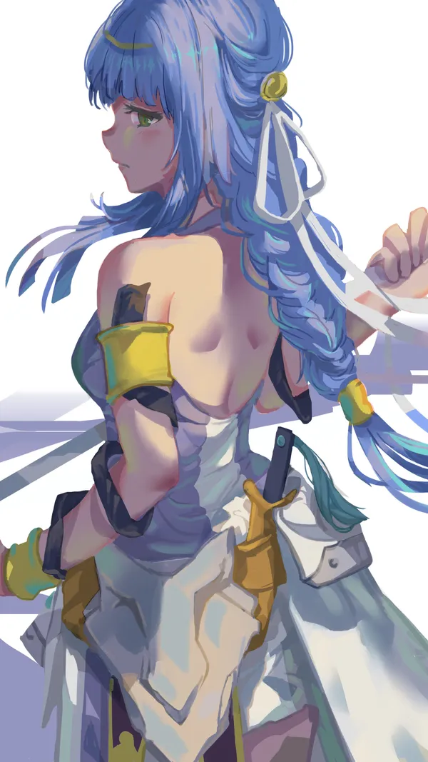 Anime-style illustration of a woman with blue hair and green eyes