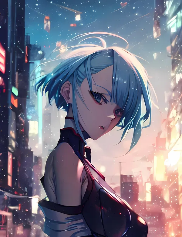 Anime-style illustration of a woman with blue hair standing in a snowy city