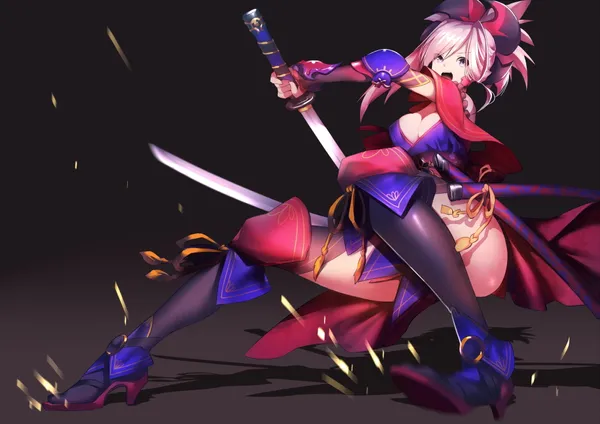Anime-style illustration of a woman with pink hair and purple eyes in a samurai-style outfit
