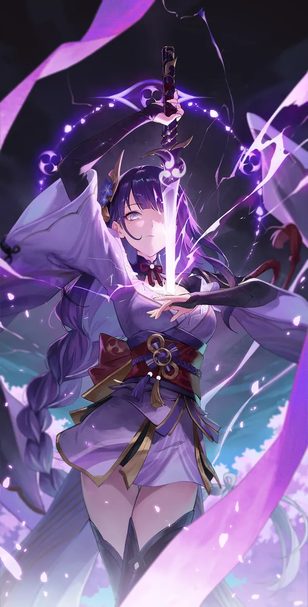 Anime-style illustration of a woman with purple hair and a purple outfit holding a sword