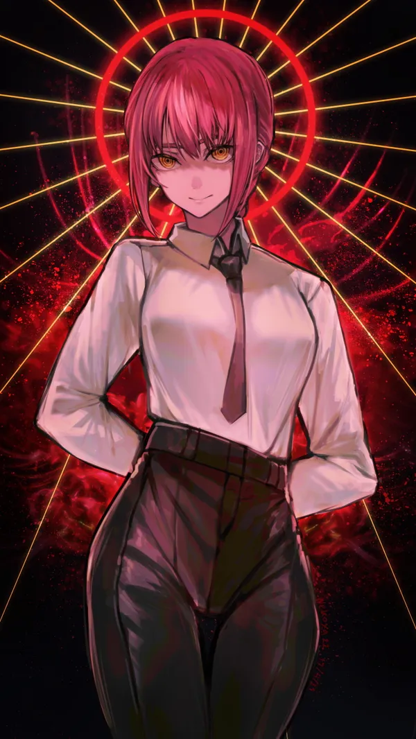 Anime-style illustration of a woman with red hair and yellow eyes wearing a white dress