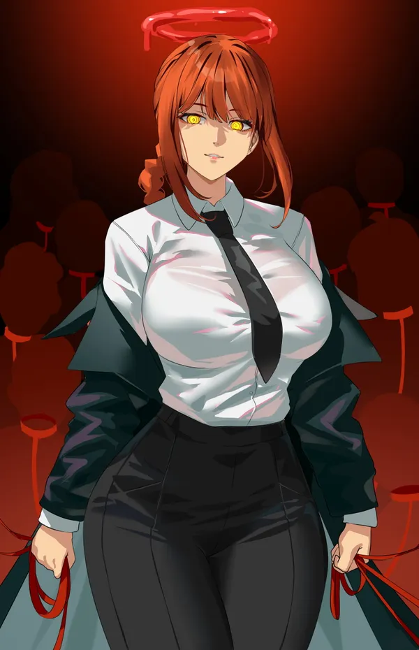 Anime-style illustration of a woman with red hair and yellow eyes wearing a white dress