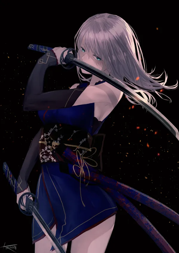 Anime-style illustration of a woman with two swords