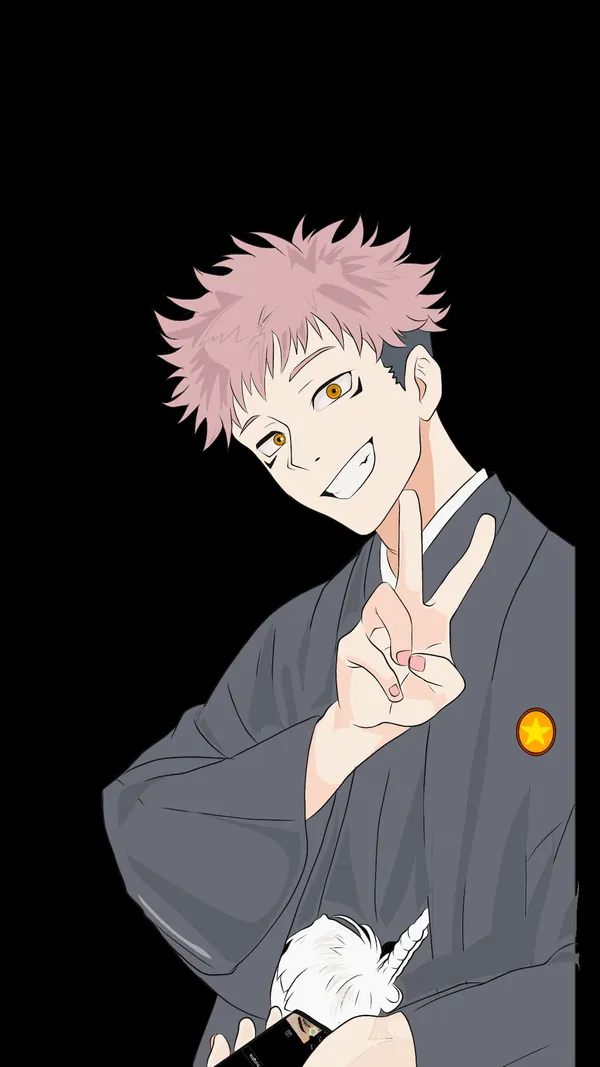 Anime-style illustration of a young man in a kimono making a peace sign