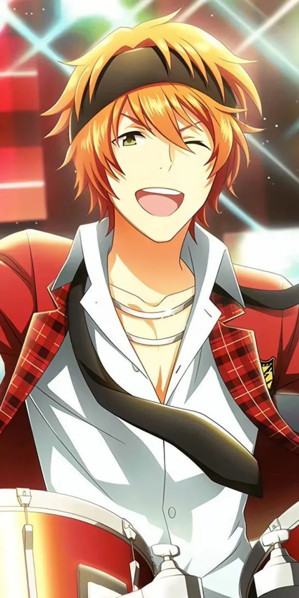 Anime-style illustration of a young man with an orange headband and a red and white